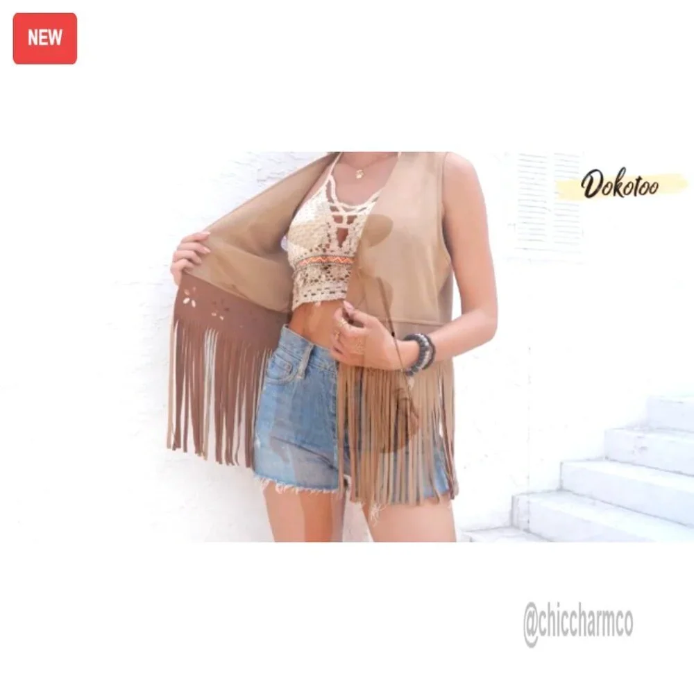 Faux Suede Fringe Vest Sleeveless Hollow Out Tassel Western Outerwear